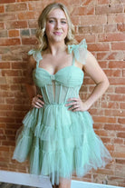 Evander | Sage - A Line Sweetheart Tiered Tulle Short Homecoming Dresses With Bow Straps