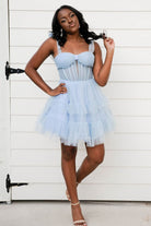 Evander | Sky Blue - A Line Sweetheart Tiered Tulle Short Homecoming Dresses With Bow Straps