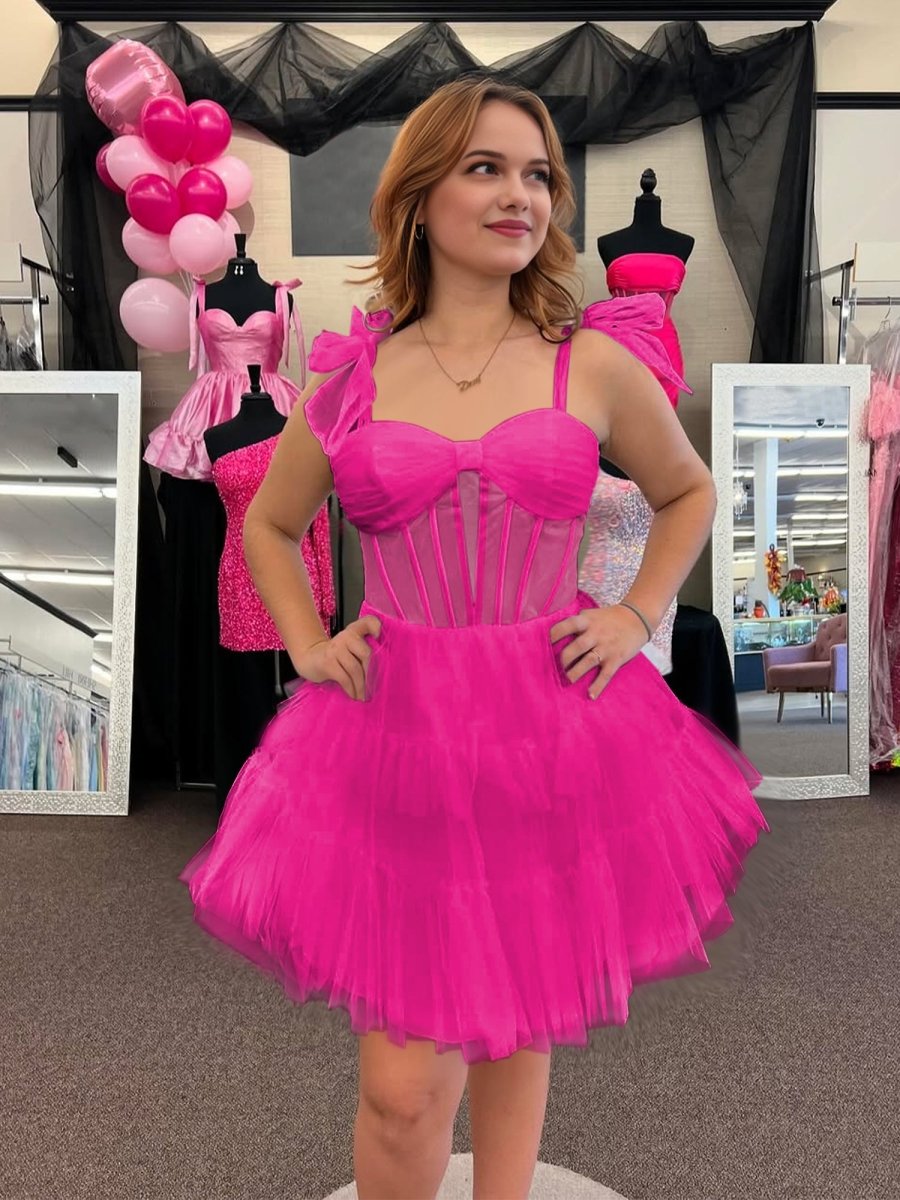Evander | Fuchsia - A Line Sweetheart Tiered Tulle Short Homecoming Dresses With Bow Straps