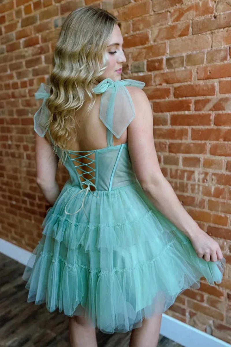 Evander | Sage - A Line Sweetheart Tiered Tulle Short Homecoming Dresses With Bow Straps