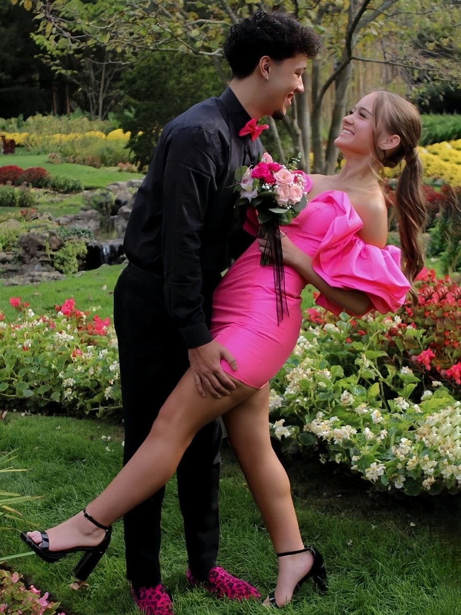 Evenie | Hot Pink - Off the Shoulder Satin Tight Homecoming Dresses With Puffy Sleeves