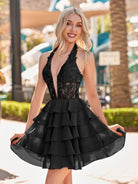 Everett | Black - Halter Lace and Chiffon Ruffle Homecoming Dress