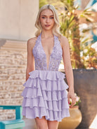Everett | Lavender - Halter Lace and Chiffon Ruffle Homecoming Dress - KissProm