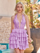 Everett | Lilac - Halter Lace and Chiffon Ruffle Homecoming Dress - KissProm