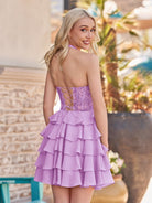 Everett | Lilac - Halter Lace and Chiffon Ruffle Homecoming Dress - KissProm