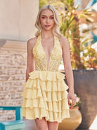 Everett | Yellow - Halter Lace and Chiffon Ruffle Homecoming Dress - KissProm