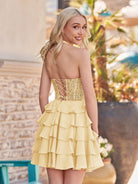 Everett | Yellow - Halter Lace and Chiffon Ruffle Homecoming Dress - KissProm