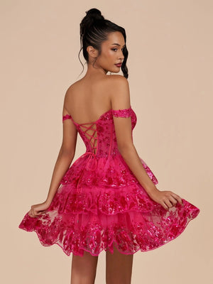Everly | Fuchsia - A-Line Sweetheart Tiered Short Homecoming Dress