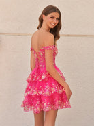 Everly | Fuchsia Gold - A-Line Sweetheart Tiered Short Homecoming Dress