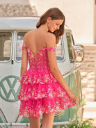 Everly | Fuchsia Gold - A-Line Sweetheart Tiered Short Homecoming Dress