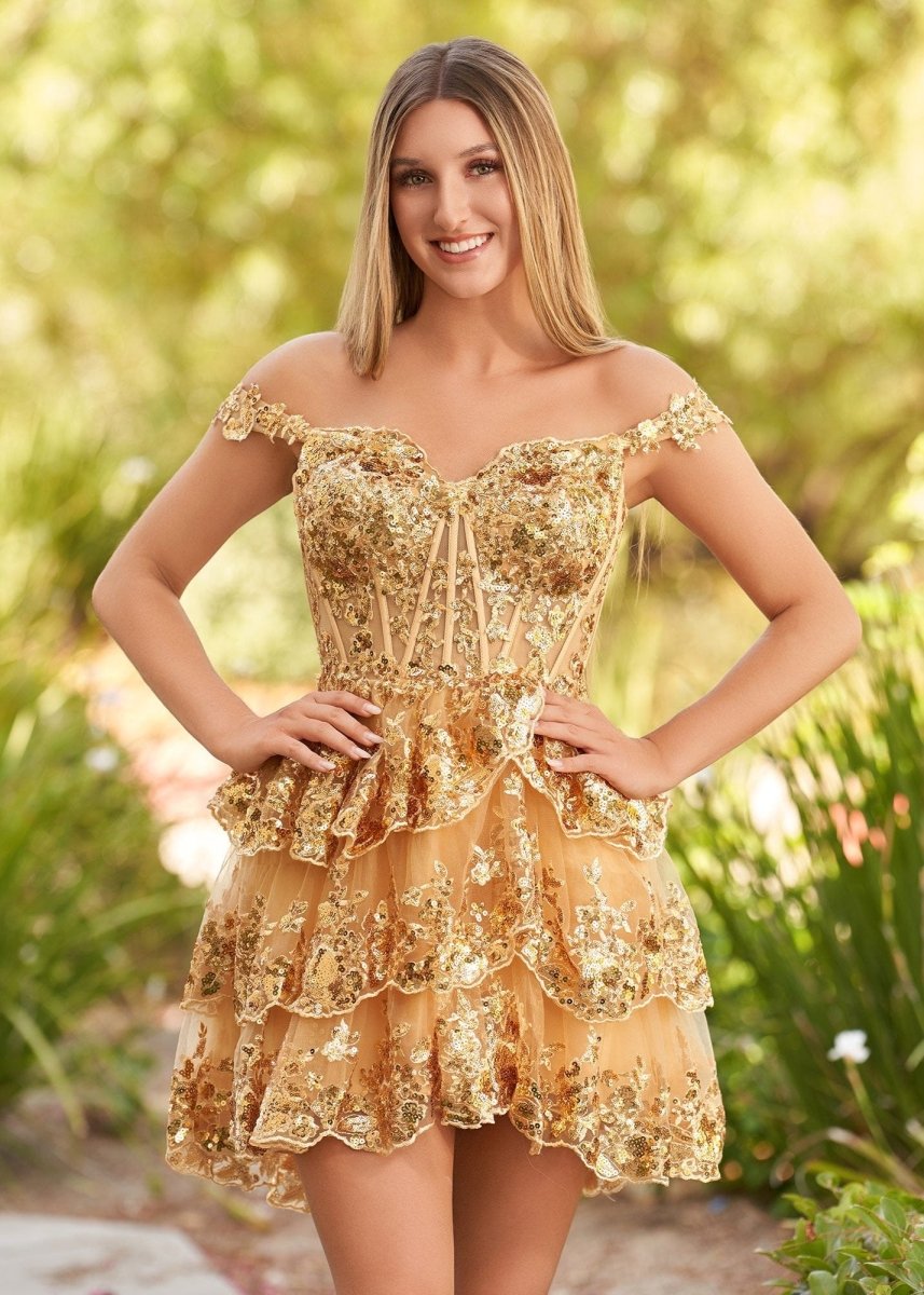 Gold - A-Line Sweetheart Tiered Short Homecoming & Cocktail Dresses, Golden / 14 Gold - A-Line Sweetheart Tiered Short Homecoming & Cocktail Dresses, Golden / 14