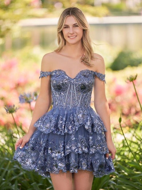 Grey Blue - A-Line Sweetheart Tiered Short Homecoming & Cocktail Dresses, Grey Blue / 10 Grey Blue - A-Line Sweetheart Tiered Short Homecoming & Cocktail Dresses, Grey Blue / 10