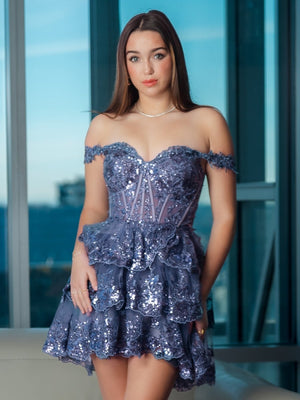 Everly | Grey Blue - A-Line Sweetheart Tiered Short Homecoming Dress