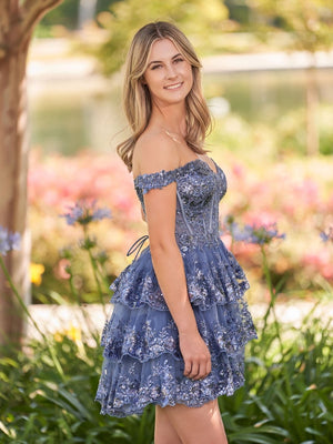 Everly | Grey Blue - A-Line Sweetheart Tiered Short Homecoming Dress