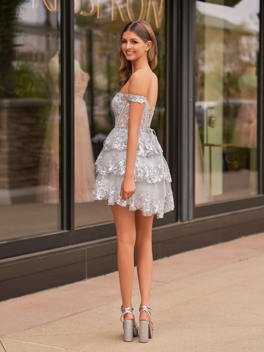 KissProm Navy Blue A-Line Sweetheart Tiered Short Homecoming Dresses, Silver / 6