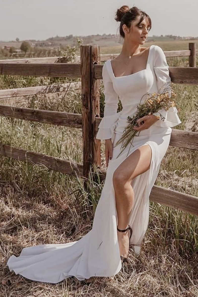 White Square Neck Long Sleeve Long Wedding Dress with Slit, Diamond White / 6 White Square Neck Long Sleeve Long Wedding Dress with Slit, Diamond White / 6