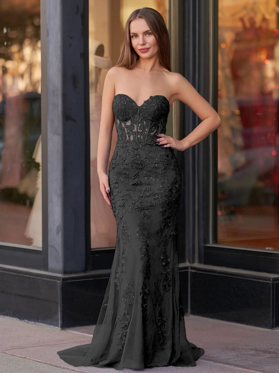 Evie Lilac Mermaid Strapless Lace Prom Dress With Appliques