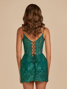Eviya | Dark Green - Bodycon V Neck Sequined Corset Short Homecoming Dresses