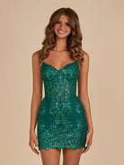 Eviya | Dark Green - Bodycon V Neck Sequined Corset Short Homecoming Dresses