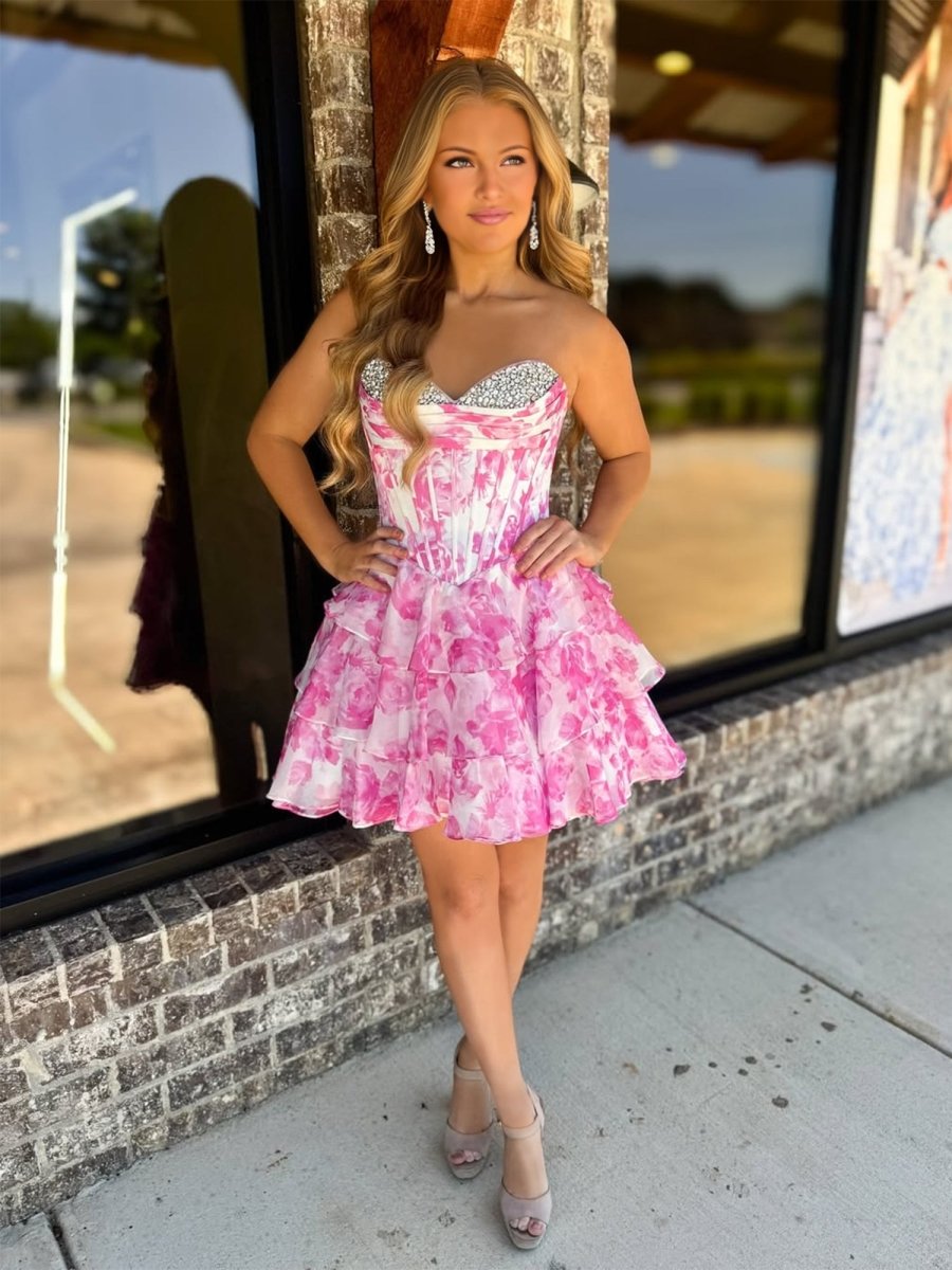 Evolet | Pink - A Line Sweetheart Floral Chiffon Ruffles Homecoming Dress With Beading