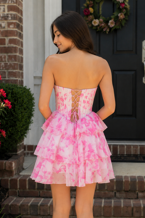 Pink A Line Sweetheart Floral Chiffon Ruffles Homecoming Dress With Beading - KISSPROM