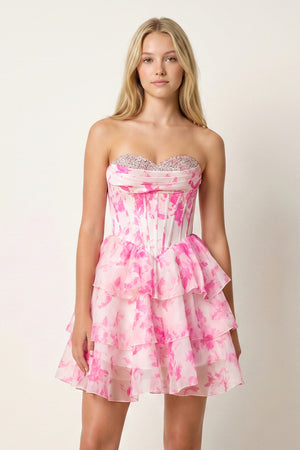 Pink A Line Sweetheart Floral Chiffon Ruffles Homecoming Dress With Beading - KISSPROM