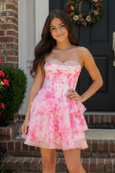 Pink A Line Sweetheart Floral Chiffon Ruffles Homecoming Dress With Beading - KISSPROM