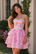 Evolet | Pink - A Line Sweetheart Floral Chiffon Ruffles Homecoming Dress With Beading