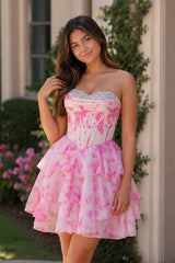 Evolet | Pink - A Line Sweetheart Floral Chiffon Ruffles Homecoming Dress With Beading
