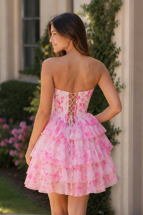 Evolet | Pink - A Line Sweetheart Floral Chiffon Ruffles Homecoming Dress With Beading