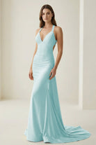 Evraelle | Pink - V Neck Satin Mermaid Open Back Long Formal Prom Dresses - KissProm