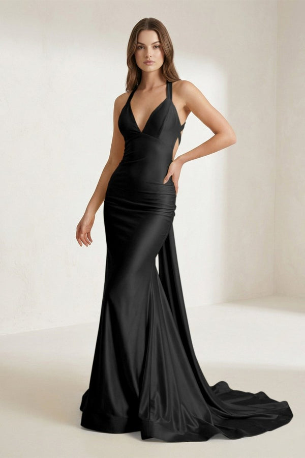 Pink Halter Satin Mermaid Open Back Long Formal Prom Dresses Black / 0 Pink Halter Satin Mermaid Open Back Long Formal Prom Dresses Black / 0