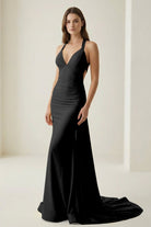 Evraelle | Pink - V Neck Satin Mermaid Open Back Long Formal Prom Dresses - KissProm