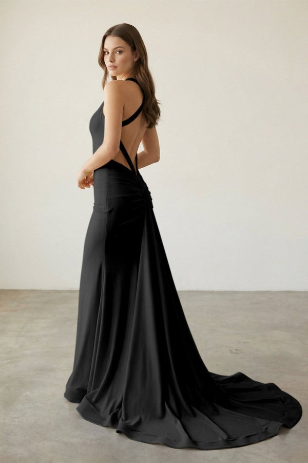 Pink Halter Satin Mermaid Open Back Long Formal Prom Dresses Black / 0