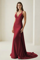 Evraelle | Pink - V Neck Satin Mermaid Open Back Long Formal Prom Dresses - KissProm