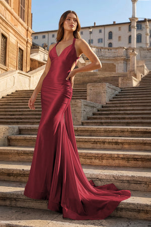 KissProm- Burgundy Halter Satin Mermaid Open Back Long Formal Prom Dresses