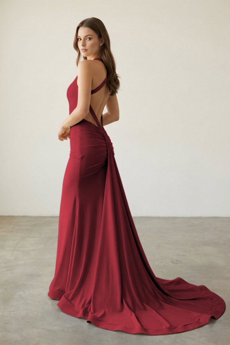 KissProm Pink Halter Satin Mermaid Open Back Long Formal Prom Dresses, Burgundy / 16