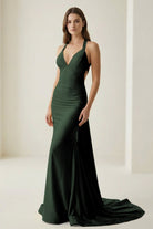 Evraelle | Pink - V Neck Satin Mermaid Open Back Long Formal Prom Dresses - KissProm