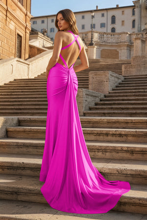 KissProm-Fuchsia Halter Satin Mermaid Open Back Long Formal Prom Dresses