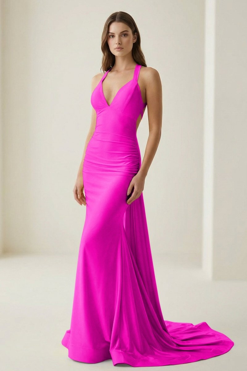 Evraelle | Fuchsia - V Neck Satin Mermaid Open Back Long Formal Prom Dresses-KissProm