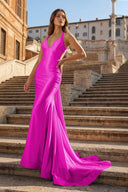 Pink Halter Satin Mermaid Open Back Long Formal Prom Dresses – Prom Dress by KissProm | Available at KissProm