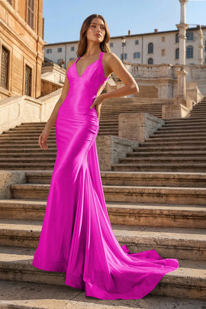 KissProm-Fuchsia Halter Satin Mermaid Open Back Long Formal Prom Dresses