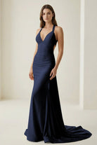 Evraelle | Pink - V Neck Satin Mermaid Open Back Long Formal Prom Dresses - KissProm