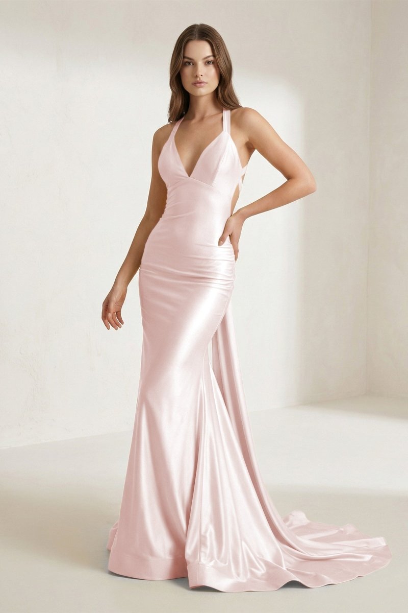 Evraelle | Pink - V Neck Satin Mermaid Open Back Long Formal Prom Dresses - KissProm