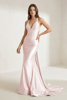 Evraelle | Pink - V Neck Satin Mermaid Open Back Long Formal Prom Dresses - KissProm
