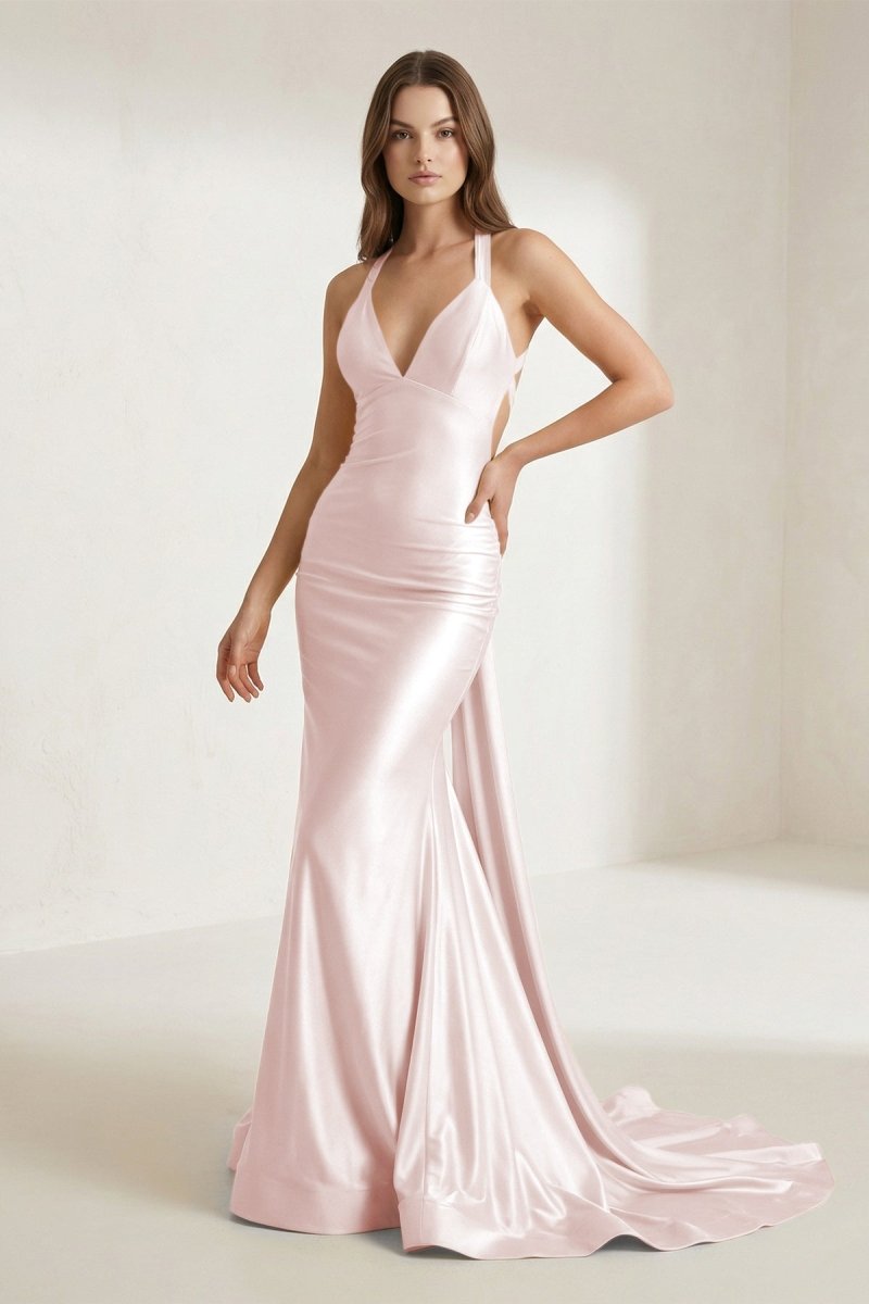 Evraelle | Pink - V Neck Satin Mermaid Open Back Long Formal Prom Dresses - KissProm