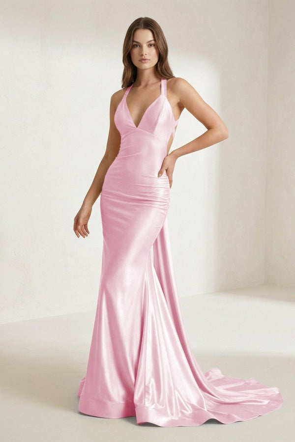 Pink Halter Satin Mermaid Open Back Long Formal Prom Dresses Pink Halter Satin Mermaid Open Back Long Formal Prom Dresses