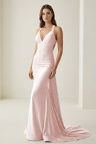 Evraelle | Pink - V Neck Satin Mermaid Open Back Long Formal Prom Dresses - KissProm
