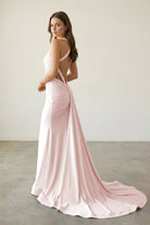 Evraelle | Pink - V Neck Satin Mermaid Open Back Long Formal Prom Dresses - KissProm
