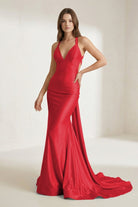 Evraelle | Pink - V Neck Satin Mermaid Open Back Long Formal Prom Dresses - KissProm
